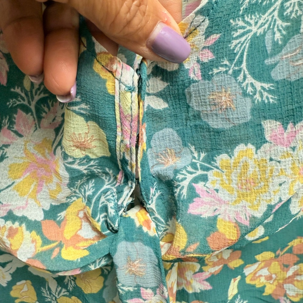 Free People Womens Teal Floral Ruffle Tie Front Cottagecore Boho Feminine Blouse - Picture 5 of 8
